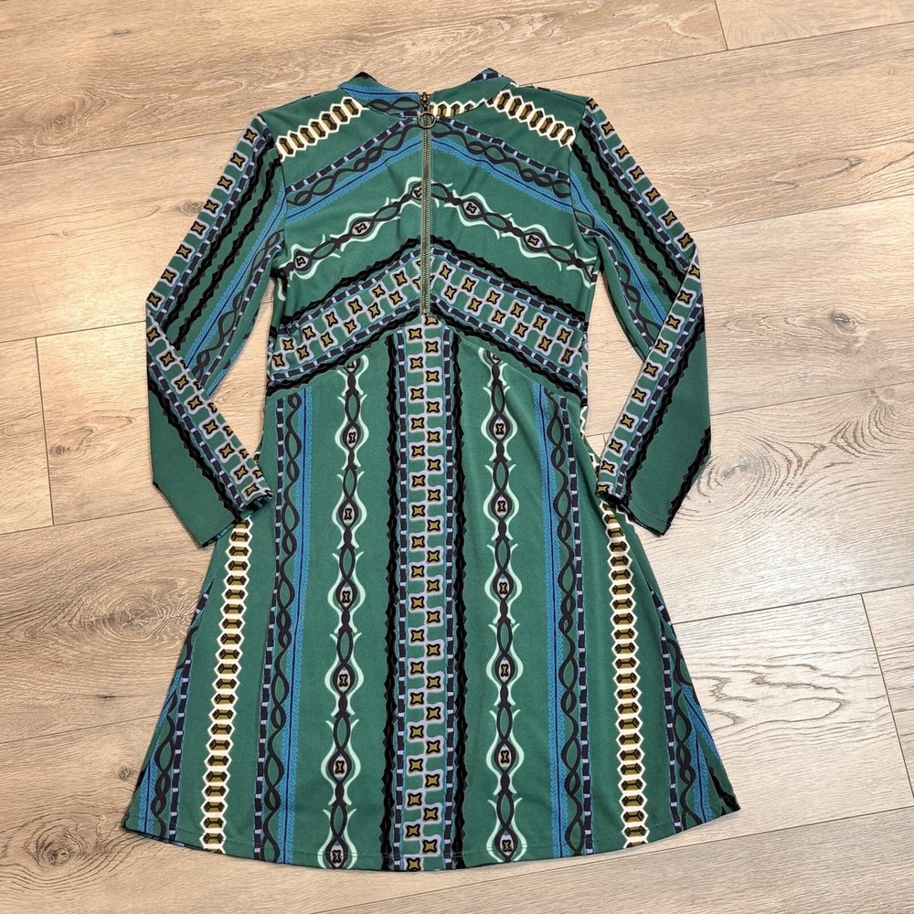 Free People Dress XS Green Stella Printed‎ Mock Neck Long Sleeve Boho Mini - Picture 2 of 9